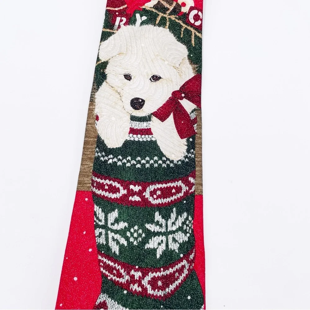Vintage St. Nicks Tie Shop White Christmas Dog Stocking Red 100% Silk Men's Tie